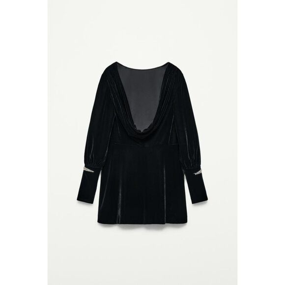 Zara Velvet Mini Dress S Black Open Back Embroidered - Picture 4 of 8
